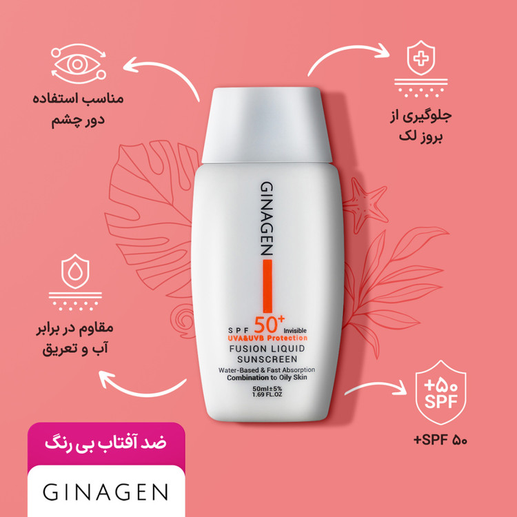 کرم ضد آفتاب بدون رنگ ژیناژن مدل SPF50 محافظ UVA ،UVB، ضد چروک، ضد لک، ضد پیری، ضد حساسیت، مرطوبکننده، مناسب پوستهای معمولی و خشک حجم 50 میلیلیتر