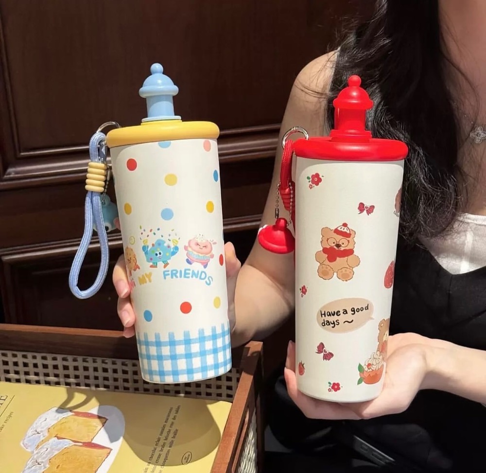 تراول و قمقمه استیل اسموتی نی دار فانتزی